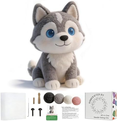 FACE N FACE DIY Needle Felting Kit Cute Husky Puppy – Needle Felting Starter Kit with Fiber Roving, Needles, Felting Pad & Instructions | Felted Animal Dog Kit for Beginners Adults | DIY Craft Gift by FaceNFace