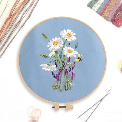 Canvas Tote Bag Embroidery Kit with Pattern for Beginners, Arts and DIY Embroidery Crafts Kits for Adults, Instructions, Embroidery Hoops, Color Threads (lightblue, CR002 huaxiangyiren lightblue) - Image 3