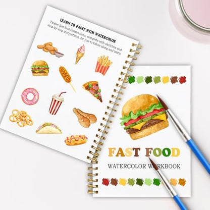12 Patterns Fast Food Painting Set, Burgers Fries Pizza Watercolor Workbook for Beginners, Colorful DIY Art Gift for Foodies and Teens, Fun Snack Lover Paint Kit - Image 6