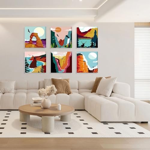 Bowetile 6 Pack Framed Paint by Numbers Kit for Adults Beginner, Landscape Adults' Paint-by-Number Kits on Canvas, Easy Acrylic Number Painting Kits for Home Decor Gifts, 8x8in - Image 2