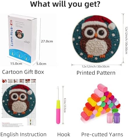 Latch Hook Rug Kit Cute Cartoon Owl Wear Christmas Hat Easy for Beginners Round Shape Carpet Crochet Yarn Craft Mini Rug DIY Hook and Latch Little Tapestry for Home Decor 30x30cm-1 - Image 2