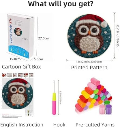 Latch Hook Rug Kit Cute Cartoon Owl Wear Christmas Hat Easy for Beginners Round Shape Carpet Crochet Yarn Craft Mini Rug DIY Hook and Latch Little Tapestry for Home Decor 30x30cm-1 - Image 2