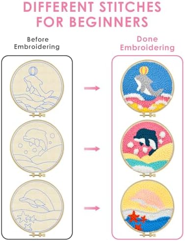 TINDTOP Punch Needle Kits, 3 Pack Punch Needle Embroidery Kits for Adults Beginner, Tool with Punch Needle Fabric, Hoops, Yarns and Sewing Needles (Dolphin) - Image 3