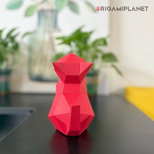 3D Origami Paper Craft Kit, Starpaw Kitten Cute DIY Pre-Cut Animal Papercraft Model for Beginners, Fun Handmade Home Decoration Gift for Adults & Teens-Red - Image 3