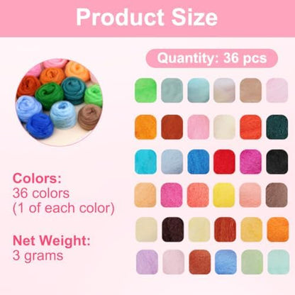 Ainiv 36 Pcs Needle Felting Wool, 36 Colors Wool Roving, 3g/Pack - Image 2