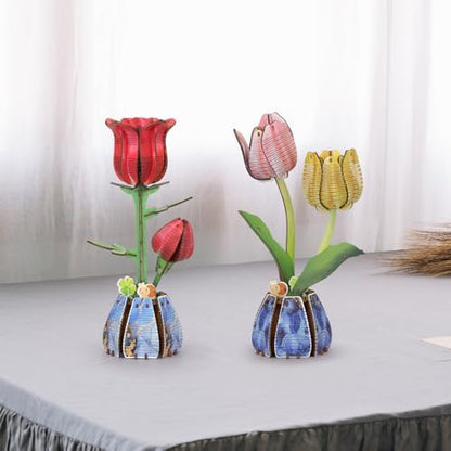 Jege 3D Flowers Wooden Puzzles for Adults,DIY Wooden 2 Flowers per Kit Building Set for Home Decor, Creative Craft Gift Toys Kits with 2 Perfume Bottles and Diffuser Sticks (Rose + Tulip) by Unknown