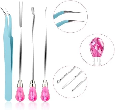 11 Pcs Silicone Resin Mold Tools Set Stirring Needle Spoon Tool Tweezers Precision Kit, Anti-Static Electronics Tweezers Set for Resin Art Crafts,Jewelry Making,DIY Epoxy Casting Molds-Rose Red & Cyan - Image 7