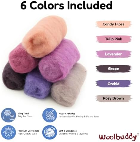 Woolbuddy Corriedale Wool Roving for Needle Felting (Pink Purple) 20g Each - Image 3