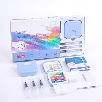 Watercolor Paint, Mini 16-Color Solid Paint Kit Gift Set Pearl Colors by Unknown