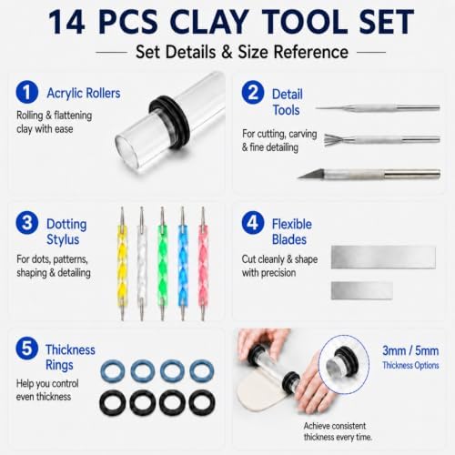 DIYOOHOMY 18 Pcs Polymer Clay Tools Kit, Rolling Pin with Thickness Rings - Image 3