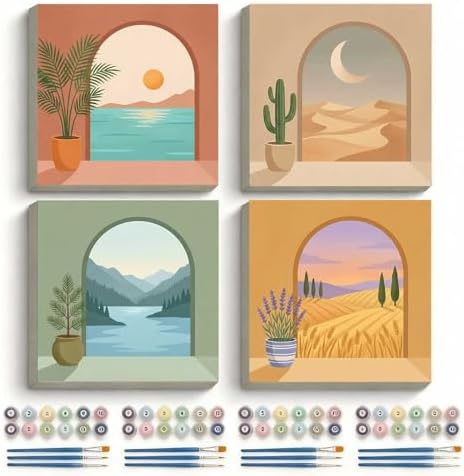 Amphol Framed Paint by Numbers Kit for Adults Beginners - 10x10 Inch Boho Landscape Easy 4 Pack Acrylic Paint by Number Kit on Framed Canvas, DIY Oil Painting Arts with Frame, Home Wall Decor Gift by Amphol