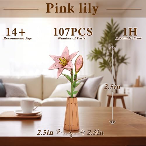 3D Wooden Pink Lily Flower Puzzle,DIY Artifical Flower Building Set Craft Kit,Home Decor,Housewarming,Mother's Day/Birthday/Christmas Day Gift for Mom and Women - Image 2