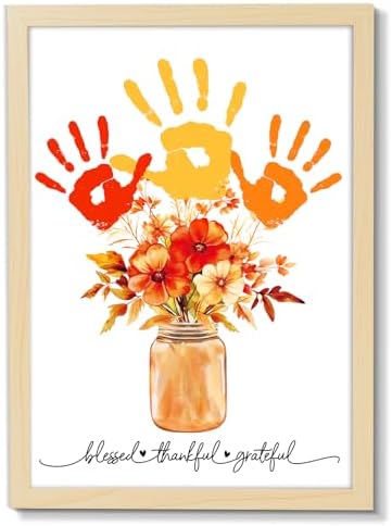 Fall Thanksgiving Flower Bouquet Handprint Art Craft DIY Kit Thanksgiving Day Family Handprint Bouquet in Vase Keepsake with Wood Frame Fall Thankful DIY Gifts for Mom Dad Holiday Birthday 12x16 Inch by QOUBAI