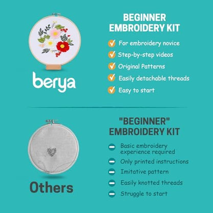 BERYA Embroidery Kit for Beginners, Flowers and Leaves Embroidery Practice Kit, Hand Floral Embroidery Starter Kit for Adults with Video Step by Step Instructions, Hoops, Threads and Needles (BEF011) - Image 7