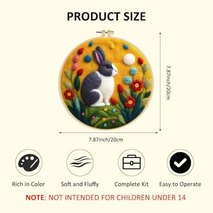 Zovylks Needle Felting Kit for Adults, 7.9 Inch Wool Felt Painting DIY Craft Set for Beginners, Needle Felt Starter Kit with Picture Frame, Foam Pad, Finger Cot (Rabbit) - Image 2