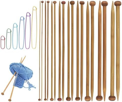 9 Pairs Bamboo Knitting Needles Set with 6 Stitch Holders, 2-10mm Single Point Wooden Knitting Needles, 10in Long for Scarves, Hats, Beginners, Complete Knitting Accessories Kit by Unknown