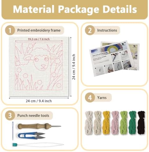 DOODLREAM Lamb Grass DIY Punch Needle Embroidery Kit for Adult Beginner, 9.4" Sheep Flowers Animal Punch Stitching Craft Set for Starter with Frame, Fabric Pattern, Threader, Yarn, Pinch Needle - Image 2