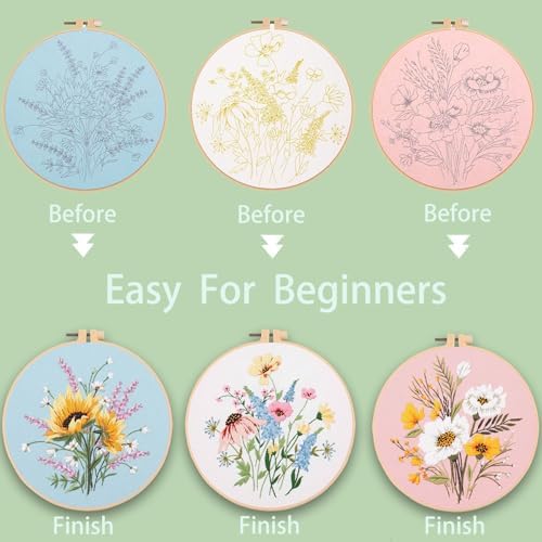 Ohcol 3 Sets Embroidery Kit,Cross Stitch Kits Needlepoint Kits for Adults Beginner,Needle Point Kits with Washable Pre-Printed Floral Pattern,Hoops,Women DIY Hand Crafts - Image 5