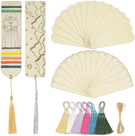 SWATOM Wood Bookmarks Blank DIY Semicircle & Rectangle Wooden Bookmark Craft Bulk 30 PCS Unfinished Wood Tags Rectangle Shape Ornaments with Holes and Tassels for Wedding Party Birthday Decoration by SWATOM