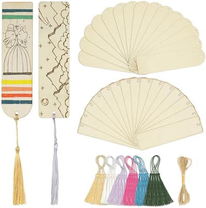 SWATOM Wood Bookmarks Blank DIY Semicircle & Rectangle Wooden Bookmark Craft Bulk 30 PCS Unfinished Wood Tags Rectangle Shape Ornaments with Holes and Tassels for Wedding Party Birthday Decoration by SWATOM