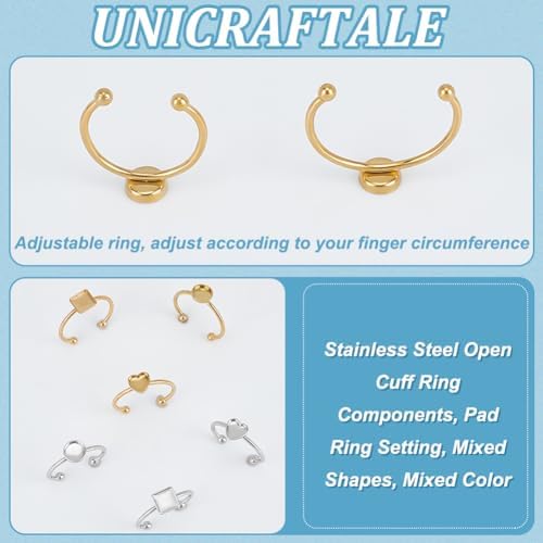 UNICRAFTALE 12Pcs 3 Styles 304 Stainless Steel Blank Dome Finger Rings 2 Colors Round Flat Pad Ring Components Open Cuff Bezel Trays Fit Ring for Jewelry Making Tray 6mm - Image 5