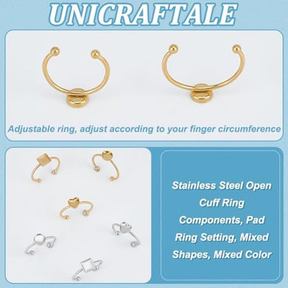 UNICRAFTALE 12Pcs 3 Styles 304 Stainless Steel Blank Dome Finger Rings 2 Colors Round Flat Pad Ring Components Open Cuff Bezel Trays Fit Ring for Jewelry Making Tray 6mm - Image 5