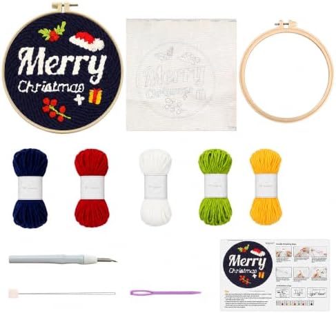 Zhenqing Merry Christmas Punch Needle Kit for Beginners, Pre Printed Rug Hooking Embroidery Starter Kit with Hoop, Yarn & Tools, DIY Holiday Wall Decor Gift for Adults, 11.4 x 11.4 in by ZhenqingHomeFlagship