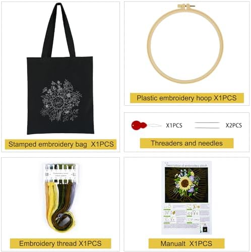 Canvas Tote Bag Embroidery Kit with Sunflower Pattern, Embroidery Kits for Beginners Adults, Arts and DIY Crafts Embroidery Starter kit, Include Stamped Embroidery Bag, Color Threads, Embroidery Tools - Image 3