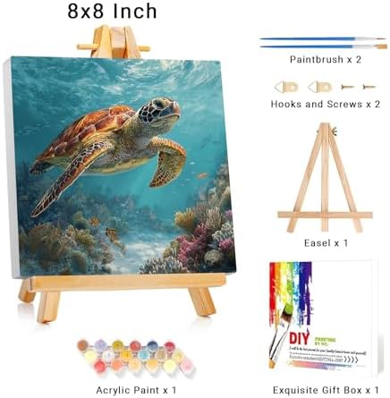 Framed Paint by Numbers Kit for Adults Beginner & Kids Ages 8-12 Sea Turtle Adult Paint by Number Kits on Canvas with Easel Animal Painting by Numbers for Adults with Frame DIY Painting Kits 8x8 Inch - Image 2