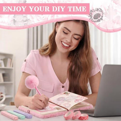 Janlaugh DIY Journal Diary with Lock Pack Scrapbook Kit, Pink, Plush - Image 5
