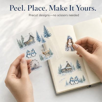Winter Stickers for Journaling, 430 Pcs Transparent PET Set | 100 Precut Sheets in Gift Box | Snowy Landscapes, Winter Life & Animals | Scrapbooking, Junk Journals & Collage - Image 3