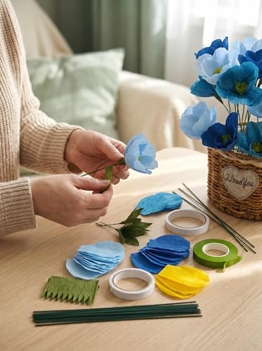 Blue Crepe Paper Poppy Flower DIY Making Kit 24 pcs Easy-to-Make Handcraft Supplies for Beginners & Artisans - Image 4