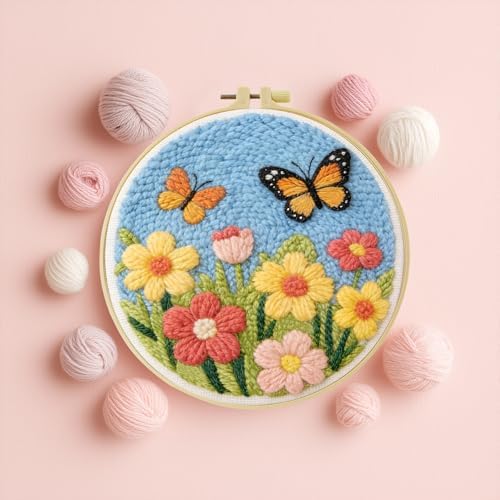 JOZYSH DIY Punch Needle Kits for Beginners Cute Cartoon Butterflies with Spring Flowers with Hoop Embroidery Punch Needle Starter Craft Set Easy for Adults Festival Gift and Decoration by Unknown