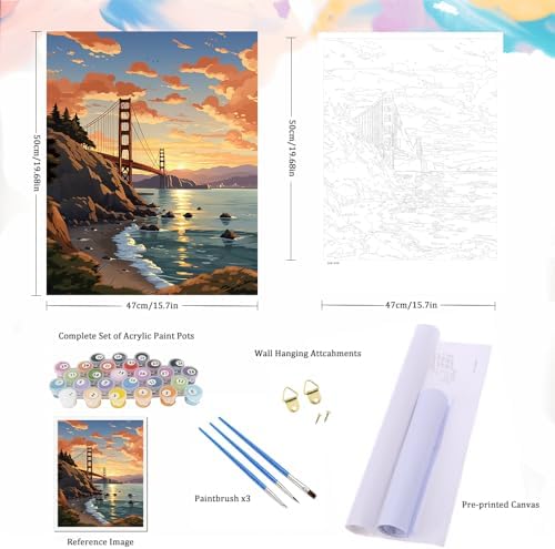 Natuyalo Paint by Numbers for Adults Beginner, Golden Gate Bridge Acrylic Easy Paint by Numbers Kits San Francisco Landscape Craft Kits for Adults Suitable for Wall Decoration Flameless 16x20 Inch - Image 5