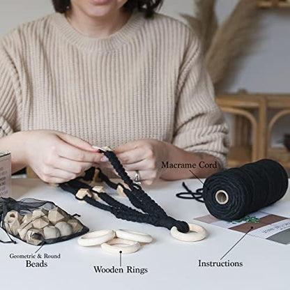 Macrame Kit-Black Edition-Makes 3 Macrame Plant Hangers with Easy to Follow Instructions for Adult Beginners - Includes 109 Yards 3mm Cotton Macrame Cord, Wooden Beads & Custom Instruction Booklet - Image 4