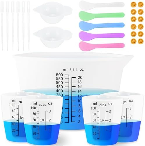 Creahaus Silicone Measuring Cups Tool Kit, Easy to Read 600ML Silicone Mixing Bowl with 100ML Resin Mixing Cup, Easy Clean Reusable Epoxy Resin Supplies with Stir Sticks, Pipettes by Creahaus