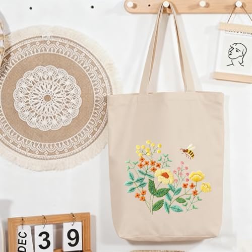 CREAWONDER Canvas Tote Bag Embroidery Kit with Pattern for Beginners, Arts and DIY Embroidery Crafts Kits for Adults, Include Instructions, Embroidery Hoops, Color Threads and Tool - Image 7