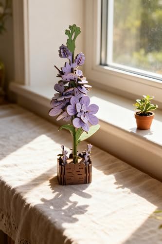 3D Wooden Flower Puzzle Kit for Adults | DIY Botanical Bouquet Building Set with Adjustable Vase | Home Decor & Stress Relief Gift-Violet (60PCS) - Image 5