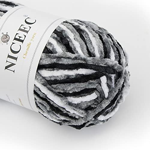 NICEEC 3 Skeins Soft Chenille Yarn 3x85m(3x93yds,3x50g)_Black White Gray - Image 2