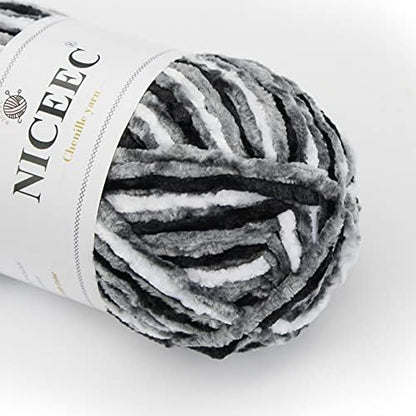 NICEEC 3 Skeins Soft Chenille Yarn 3x85m(3x93yds,3x50g)_Black White Gray - Image 2