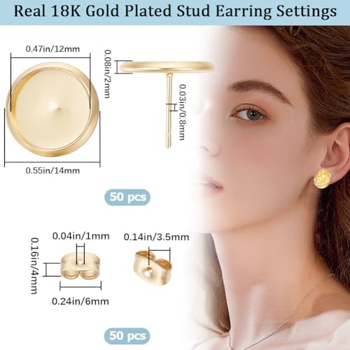 Beebeecraft 1 Box 50Pcs Earring Bezels Trays 18K Gold Plated Blanks Round Cabochon Prong Post Settings Stud Earring Findings with 12mm Tray and 50Pcs Earring Backs for Earring Jewelry Making - Image 2
