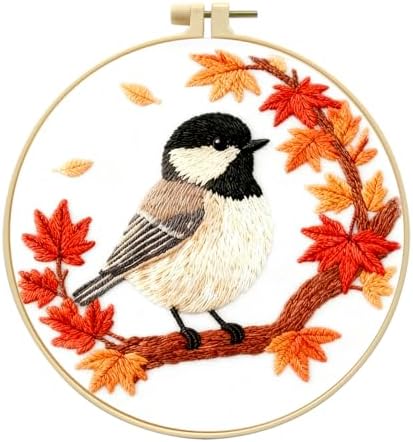 Zhenqing Black-Capped Chickadee Embroidery Kit for Beginners, Autumn Bird Needlework Craft with Pre-Printed Cotton Fabric, Hoop, Threads & Tools, Fall Decor (C0212) by ZhenqingHomeFlagship