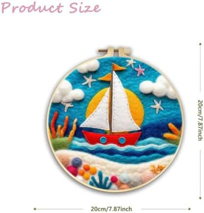 CaptainCrafts DIY Needle Felting Starter Kit with Picture Hoop, Foam Pad, Felt Cloth, Instructions for Home Decoration, Beginner Art Craft (Waves Sunshine Little Boat) - Image 2