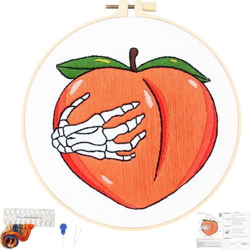Hand Bone Embroidery Kits for Beginners Adults, Peach Embroidery Starters Kits, Halloween Stamped Cross Stitch Kits DIY Needlepoint Kits for Beginners Adult, Embroidery Hoop, Thread and Video Tutorial by Unknown