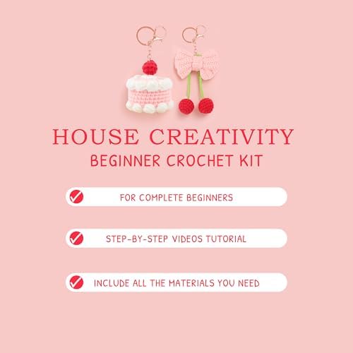 HOUSE CREATIVITY Crochet Keychain Kit for Beginners – Make 2 Cute Cake & Bow Charms, Amigurumi Crochet Starter Kit with Video Tutorial, Yarn & Keyring, DIY Bag Charm Gift - Image 5