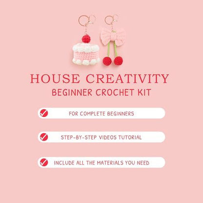 HOUSE CREATIVITY Crochet Keychain Kit for Beginners – Make 2 Cute Cake & Bow Charms, Amigurumi Crochet Starter Kit with Video Tutorial, Yarn & Keyring, DIY Bag Charm Gift - Image 5