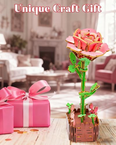 aeloer 3D Wooden Flower Puzzles for Adults - Pink Rose, DIY Model Kit Building Set, Creative Craft for Adults, Unique Botanical Home Office Decor & Relaxing Gift Idea - Image 6
