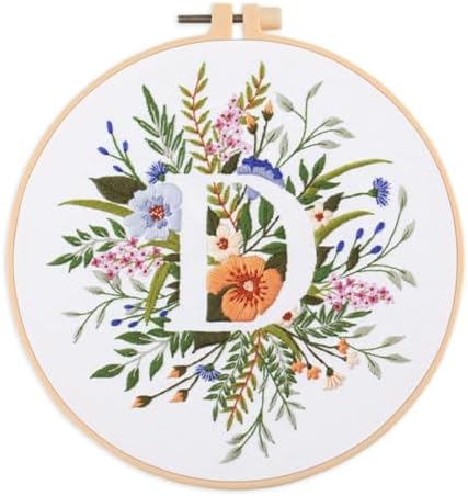 IUHUI Embroidery Kit for Beginners Adults - 26 Floral Letters Easy Patterns, DIY Hand Stitching Embroidery Set with Hoop (Flower and Grass Letter D) by Unknown