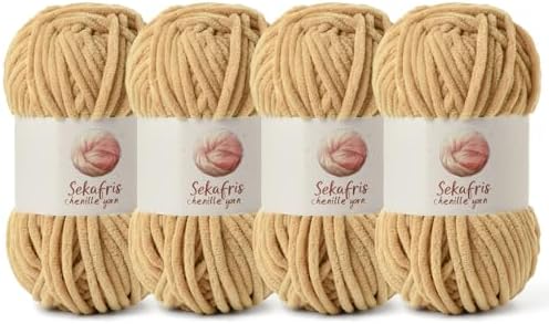 Chenille Blanket Yarn for Crocheting Size 5 Bulky Yarn 4 Khaki by Sekafris