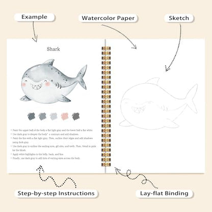 Easy Marine Life Watercolor Workbook for Beginners, Water Coloring Book, 18 Colors Watercolors Paint Set, 12 Patterns Ocean Dreams Watercolor Kit, Fun Family Art Activity, Gift for Adults Teen - Image 4